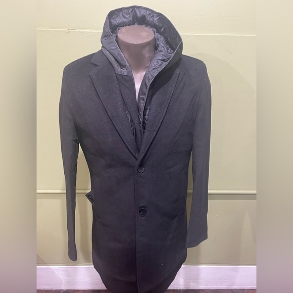 Deniko coat black 2 button front lapel hoody wool 7/8 length modern fit - Picture 1 of 4